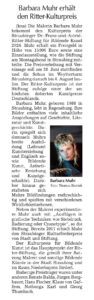 Zeitungsartikel vom 27.03.24, Straubinger Tagblatt, Barbara Muhr erhält Ritter-Kulturpreis